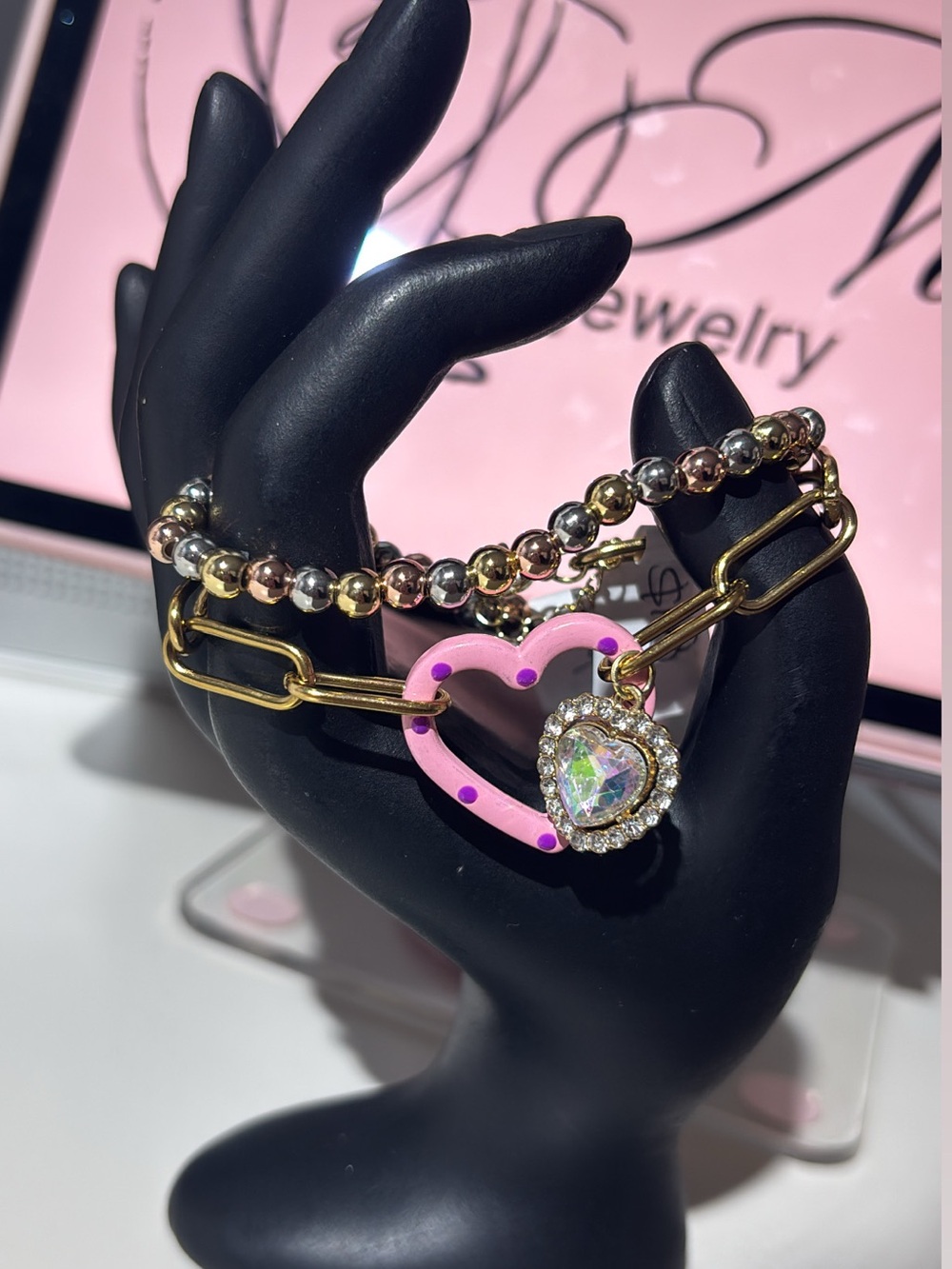 Pink Heart Charm Bracelet with Crystal Pendant - Women Jewelry